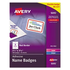 Flexible Adhesive Name Badge Labels, 3.38 x 2.33, White/Red Border, 400/Box