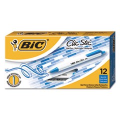 Clic Stic Ballpoint Pen, Retractable, Medium 1 mm, Blue Ink, White Barrel, Dozen