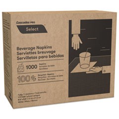 Select Beverage Napkins, 1 Ply, 8 1/2 x 8 1/2, White, 1000/PK, 4000/Carton