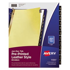 Preprinted Black Leather Tab Dividers w/Gold Reinforced Edge, 12-Tab, Ltr