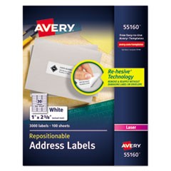 Repositionable Address Labels w/SureFeed, Laser, 1 x 2 5/8, White, 3000/Box