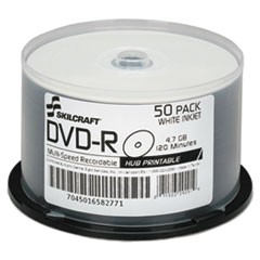 7045016582771, SKILCRAFT Inkjet Printable DVD-R, 4.7 GB, 16x, Spindle, White, 50/Pack