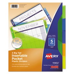 Insertable Big Tab Plastic 1-Pocket Dividers, 5-Tab, 11.13 x 9.25, Assorted, 1 Set