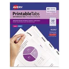 Printable Plastic Tabs with Repositionable Adhesive, 1/5-Cut Tabs, White, 1.75