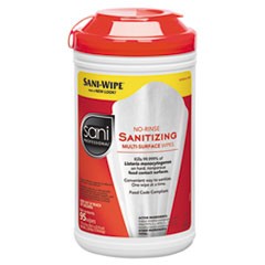 No-Rinse Sanitizing Multi-Surface Wipes, Unscented, White, 95/Container