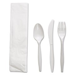 Four-Piece Cutlery Kit, Fork/Knife/Napkin/Teaspoon, White, Polypropylene, 250/Carton