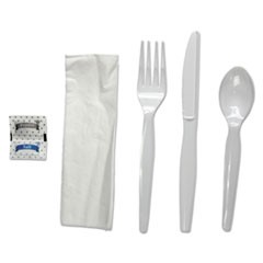 Six-Piece Cutlery Kit, Condiment/Fork/Knife/Napkin/Spoon, Heavyweight, White, 250/Carton