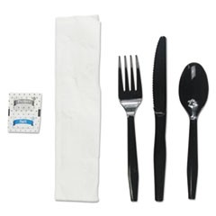 Six-Piece Cutlery Kit, Condiment/Fork/Knife/Napkin/Teaspoon, Black, 250/Carton