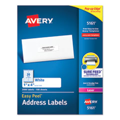 Easy Peel White Address Labels w/ Sure Feed Technology, Laser Printers, 1 x 4, White, 20/Sheet, 100 Sheets/Box