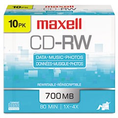 CD-RW Rewritable Disc, 700 MB/80 min, 4x, Jewel Case, Silver, 10/Pack