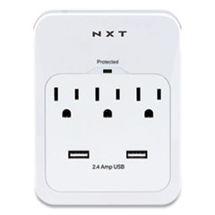 Wall-Mount Surge Protector, 3 AC Outlets, 2 USB Ports, 600 J, White