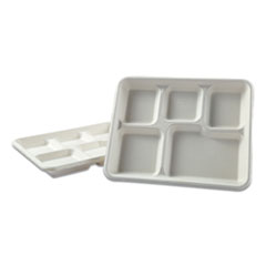 Bagasse Dinnerware, 5-Compartment Tray, 8 x 12, White, 500/Carton