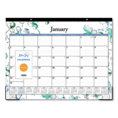 Lindley Desk Pad, Floral Artwork, 22 x 17, White/Blue/Green Sheets, Black Binding, Clear Corners, 12-Month (Jan-Dec): 2024