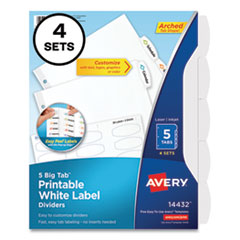 Big Tab Printable White Label Tab Dividers, 5-Tab, 11 x 8.5, White, 4 Sets