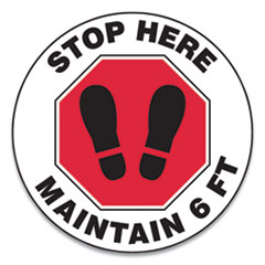 Slip-Gard Social Distance Floor Signs, 17" Circle, "Stop Here Maintain 6 ft", Footprint, Red/White, 25/Pack