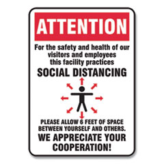 Social Distance Signs, Wall, 7 x 10, Visitors and Employees Distancing, Humans/Arrows, Red/White, 10/Pack