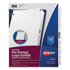 Preprinted Legal Exhibit Side Tab Index Dividers, Avery Style, 25-Tab, 1 to 25, 11 x 8.5, White, 1 Set