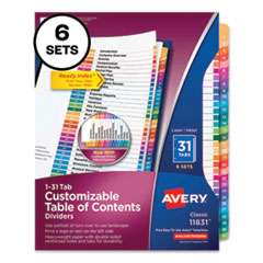 Customizable Table of Contents Ready Index Multicolor Dividers, 31-Tab, 1 to 31, 11 x 8.5, White, 6 Sets