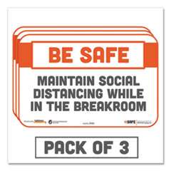 BeSafe Messaging Repositionable Wall/Door Signs, 9 x 6, Maintain Social Distancing While In The Breakroom, White, 3/Pack