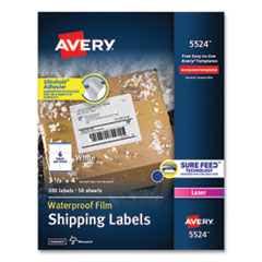 Waterproof Shipping Labels with TrueBlock and Sure Feed, Laser Printers, 3.33 x 4, White, 6/Sheet, 50 Sheets/Pack