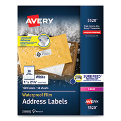 Waterproof Address Labels with TrueBlock and Sure Feed, Laser Printers, 1 x 2.63, White, 30/Sheet, 50 Sheets/Pack