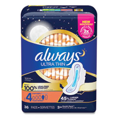 Ultra Thin Overnight Pads with Wings, 36/Pack, 6 Packs/Carton