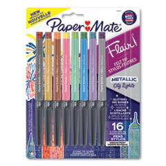 Flair Metallic Porous Point Pen, Stick, Medium 0.7 mm, Assorted Ink and Barrel Colors, 16/Pack