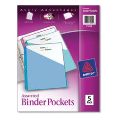 Binder Pockets, 3-Hole Punched, 9.25 x 11, Assorted Colors, 5/Pack