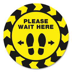 Social Distancing Floor Decals, 10.5" dia, Please Wait Here, Yellow/Black Face, Black Graphics, 5/Pack