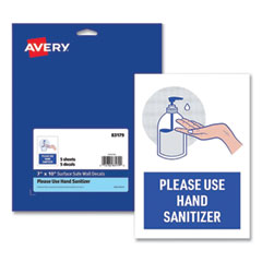 Preprinted Surface Safe Wall Decals, 7 x 10, Please Use Hand Sanitizer, White Face, Blue/Gray Graphics, 5/Pack