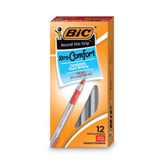 Round Stic Grip Xtra Comfort Ballpoint Pen, Easy-Glide, Stick, Medium 1.2 mm, Red Ink, Gray/Red Barrel, Dozen