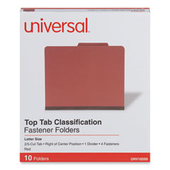 Four-Section Pressboard Classification Folders, 2" Expansion, 1 Divider, 4 Fasteners, Letter Size, Red Exterior, 10/Box