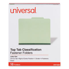 Four-Section Pressboard Classification Folders, 2" Expansion, 1 Divider, 4 Fasteners, Letter Size, Green Exterior, 10/Box