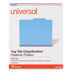 Bright Colored Pressboard Classification Folders, 2" Expansion, 2 Dividers, 6 Fasteners, Letter Size, Cobalt Blue, 10/Box