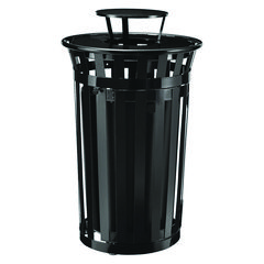 Outdoor Slatted Steel Trash Can, With Access Door and Rain Bonnet Lid, 36 gal, Black, Ships in 1-3 Business Days